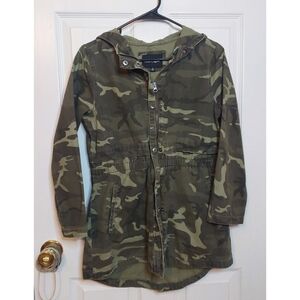 Miss Selfie Green Camo Canvas Military Jacket Cinch Waist Hooded Grunge Size 16